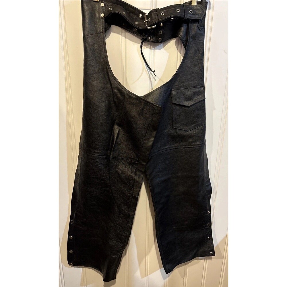 Vintage Genuine Leather Black Motorcycle Chaps Mens XL Extra Large Great Shape